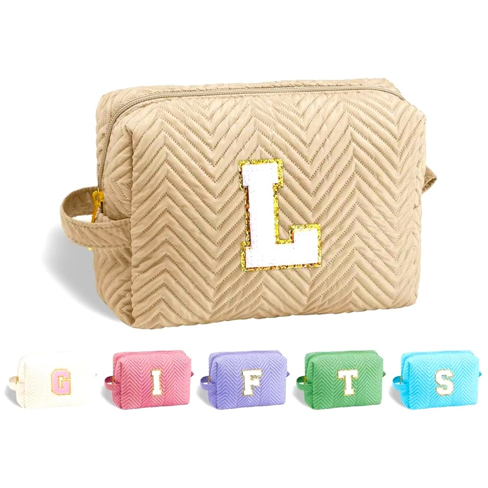 Monogram Quilted Tan Initial Bag Letter “L” makeup travel school supply bag